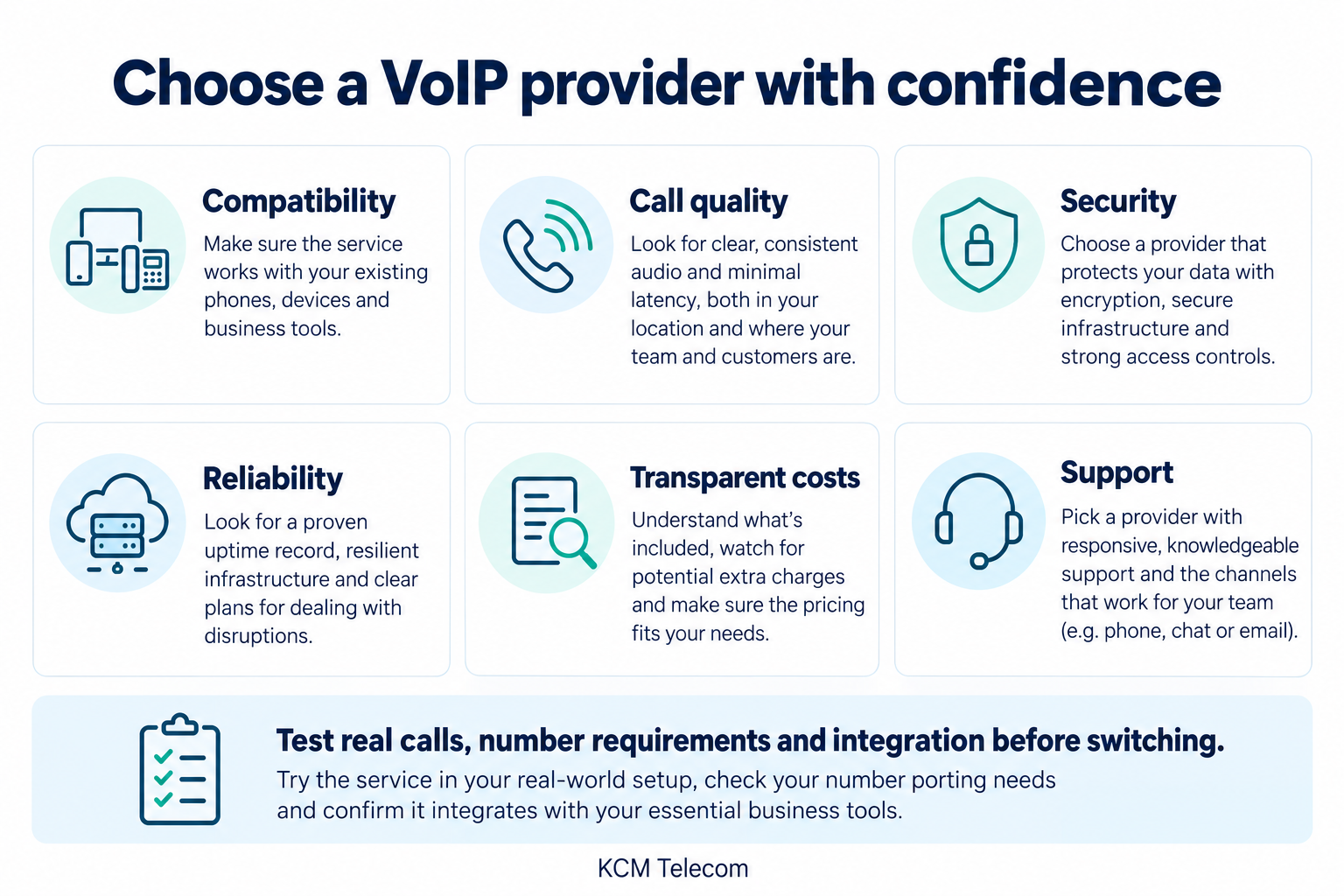 VoIP provider checklist covering compatibility, call quality, security, reliability, transparent costs and support.