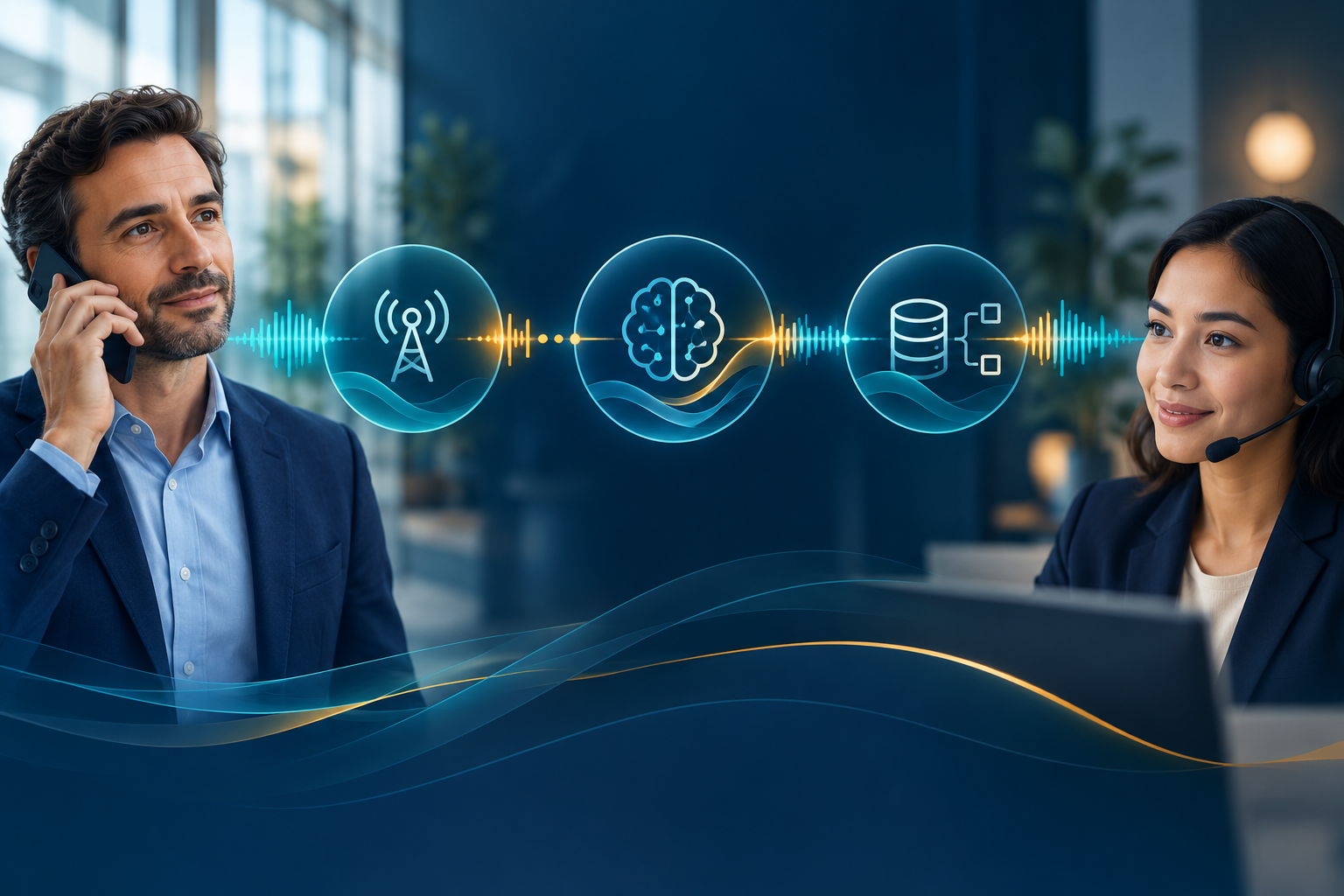 Business caller and headset-wearing advisor connected by a waveform with symbols for telephony, AI, and business systems.