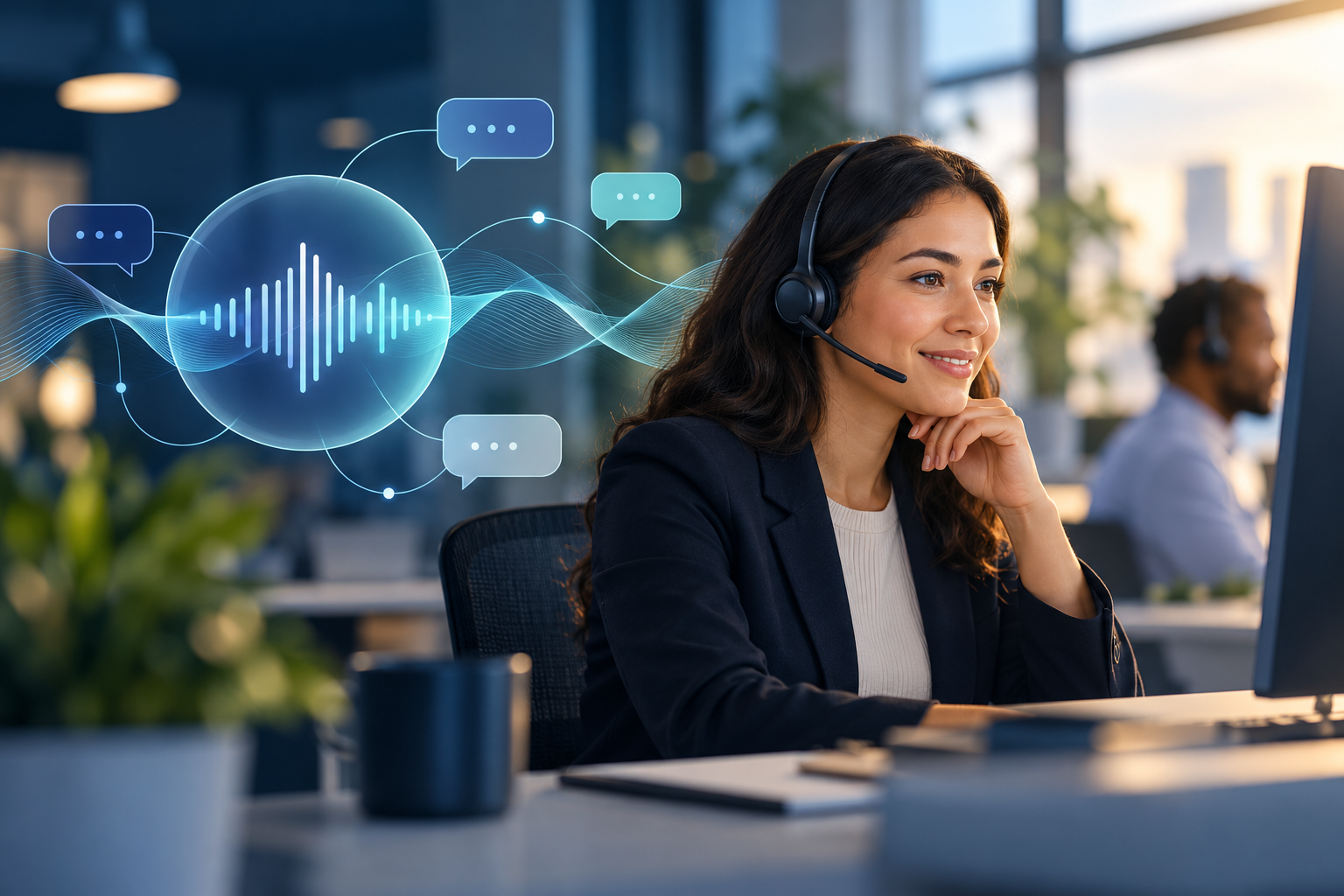 Customer service advisor wearing a headset beside an illustrated voice waveform and conversation bubbles.