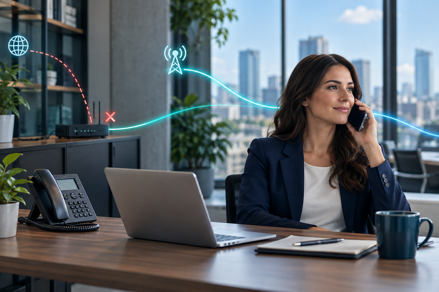 Office phone and laptop beside a professional using a smartphone, with conceptual alternate connection paths.